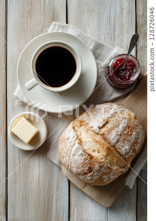bread and coffee breakfast 128726046