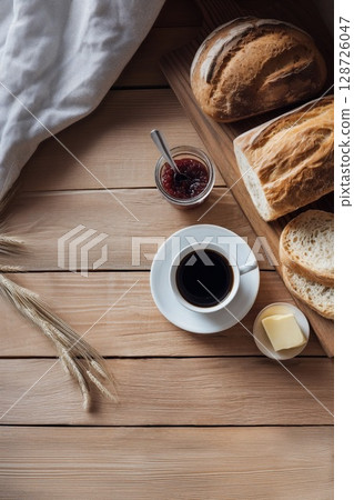 bread and coffee breakfast 128726047