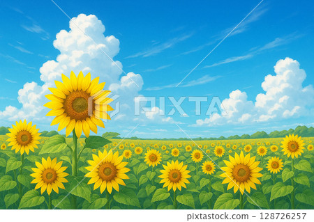 夏天的天空和向日葵田背景素材 128726257