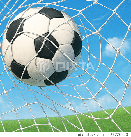 The moment the soccer ball hits the goal net 128726320