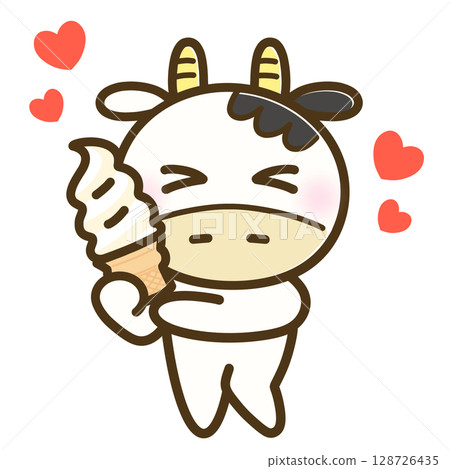 A full-body illustration of a cow happily holding a soft-serve ice cream (summer, cute character) A full-body illustration of a cow happily holding a soft-serve ice cream (summer, cute character) 128726435