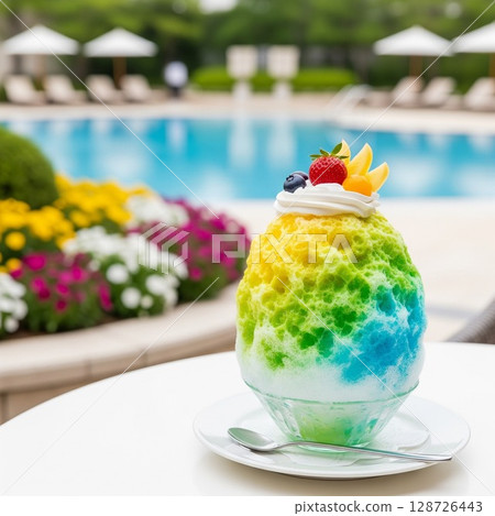 在泳池邊享用水果彩虹刨冰!奢華的彩色刨冰,盡情享受夏日度假氛圍。 在泳池邊享用水果彩虹刨冰!奢華的彩色刨冰,盡情享受夏日度假氛圍。 128726443
