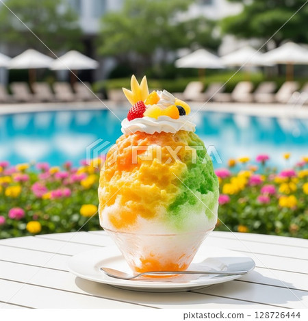 在泳池邊享用刨冰和水果！奢華的彩色刨冰和夏日度假氛圍 128726444
