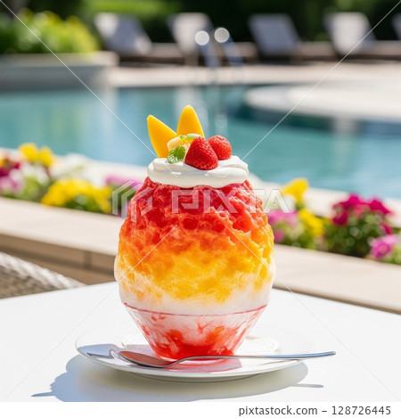 在泳池邊享用水果彩虹刨冰！奢華的彩色刨冰，盡情享受夏日度假氛圍。 128726445