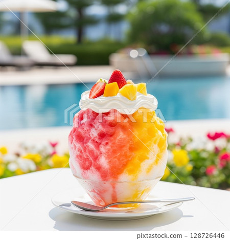 Rainbow shaved ice with fruit toppings, enjoy by the pool! Luxurious colorful shaved ice and resort atmosphere in summer 128726446