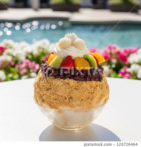 在泳池畔享用加入大豆粉、紅豆和各種水果的刨冰吧！享受奢華的彩色刨冰和夏日度假氛圍 128726464
