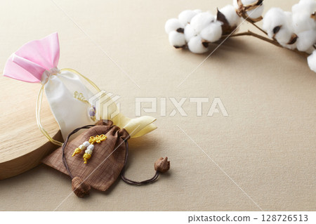 Elegant Korean table setting with traditional Korean bojagi gift wrapping for Chuseok, ceramic vase and fabric, tree branches. Elegant Korean table setting with traditional Korean bojagi gift wrapping for Chuseok, ceramic vase and fabric, tree branches. 128726513