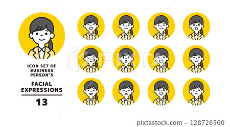 尋找工作的年輕女性的各種面部表情圖示集_圓形_向量 128726560