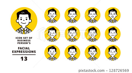 中年商人的各種面部表情圖示集_圓形_向量 128726569