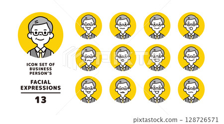 Various facial expressions icon material set of senior generation businessman wearing a vest_Circular_Vector Various facial expressions icon material set of senior generation businessman wearing a vest_Circular_Vector 128726571