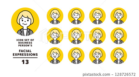 Various facial expression icon set of middle-aged female employees _ circular _ vector Various facial expression icon set of middle-aged female employees _ circular _ vector 128726572