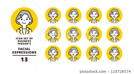 Various facial expressions icon set of senior women wearing suits_Circular_Vector 128726574
