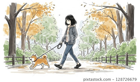 一個女人遛狗 128726679