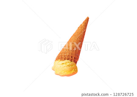 Melting ice cream slowly drips from a cone, isolated on white, PNG Melting ice cream slowly drips from a cone, isolated on white, PNG 128726725