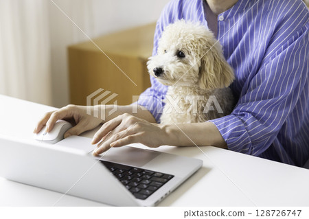 遠距辦公：狗被主人牽著 128726747