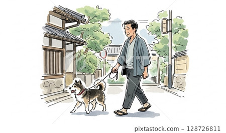 A man walking with a dog 128726811