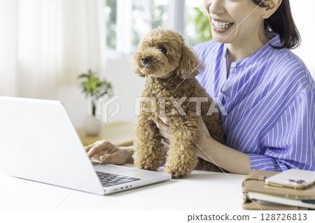 Telework: A dog being held by its owner Telework: A dog being held by its owner 128726813