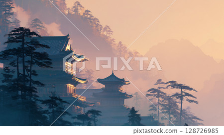 Misty Dawn: Mystery of Ancient Chinese Temples and Mountains 128726985