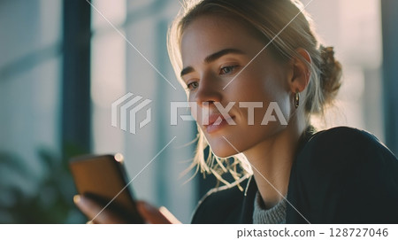 Businesswoman making a video call in the office 1 128727046