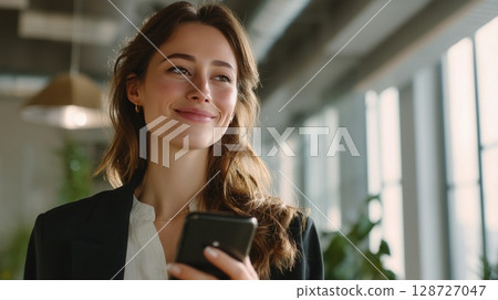 Businesswoman making a video call in the office 2 Businesswoman making a video call in the office 2 128727047