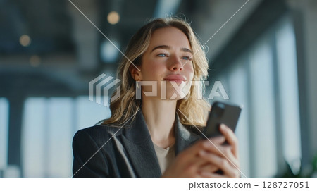 Businesswoman making a video call in the office 6 128727051