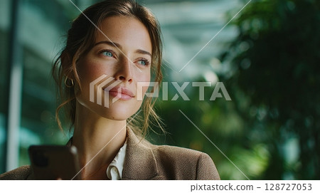 Businesswoman making a video call in the office 8 128727053