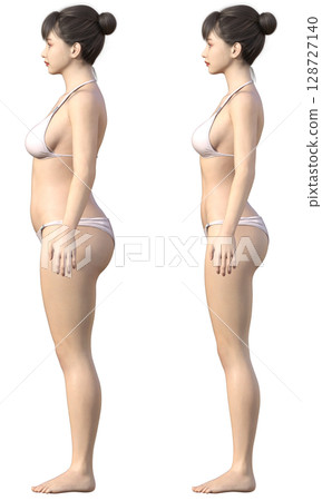 節食前後對比。胖女人和瘦女人的側面對比,3D模型 節食前後對比。胖女人和瘦女人的側面對比,3D模型 128727140