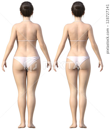 節食前後對比圖。胖女人和瘦女人背部全身對比圖。 3D模型。 128727141