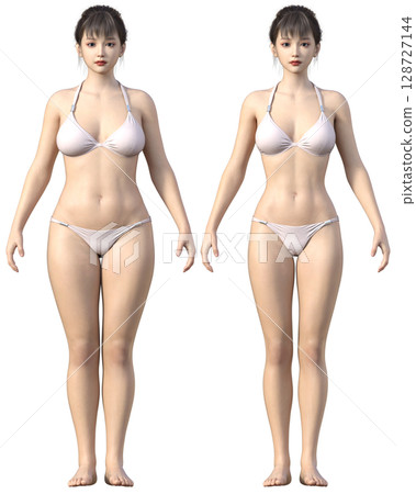 節食前後對比圖。胖女人和瘦女人的全身正面對比圖。 3D模型。 128727144