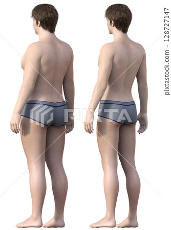 節食前後對比圖。胖男人和瘦男人的全身斜後視對比圖。 3D模型。 128727147