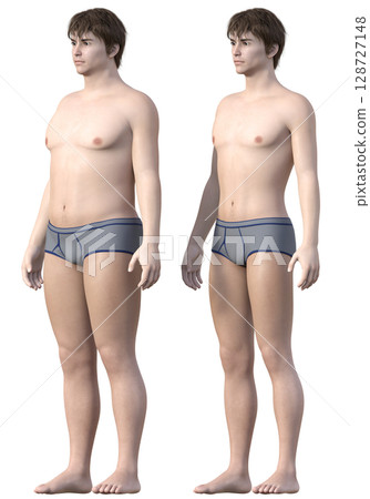 Before and after dieting. Full-body front and diagonal front comparison illustration of a fat man and a thin man. 3D model. 128727148