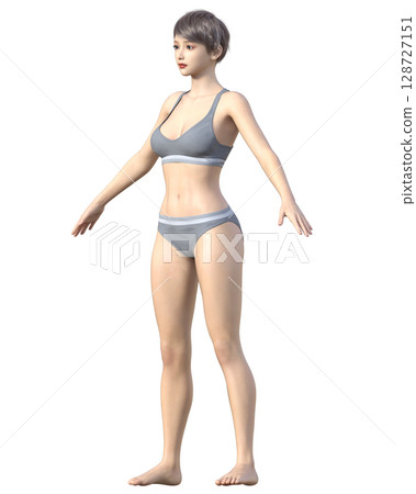 Slim and thin woman, full body front, diagonal front 3D illustration, diet before and after image 128727151