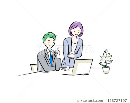 商務人士一邊看電腦一邊開會 | 商業插畫系列 128727197