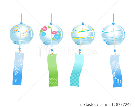 A set of illustrations of wind chimes, a symbol of summer (fireworks, morning glory, wave pattern) 128727245