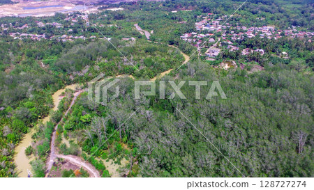 Aerial View of Mangrove Forest, River, and Rural Village in Southeast Asia Aerial View of Mangrove Forest, River, and Rural Village in Southeast Asia 128727274
