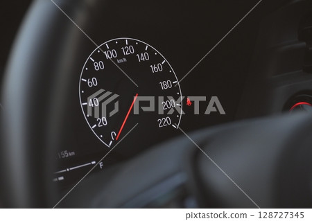 interior view of car with black leather, closeup car dashboard control 128727345
