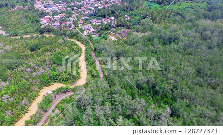 Aerial View of Tropical Village by Meandering River and Dense Mangrove Forest 128727371
