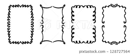 Black hand drawn wavy frame collection. Curly ribbon border set. Curved squiggly rectangle border pack for invitation, wedding party, birthday, greeting card design. Vector doodled cadre frames 128727564