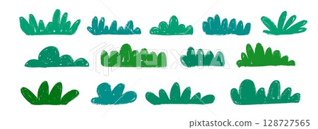 Hand drawn bushes and grass collection. Green crayon shrubbery set. Doodled shrub shapes bundle. Pencil sketched foliage elements. Scribbled cartoon greenery plant pack. Vector illustration 128727565