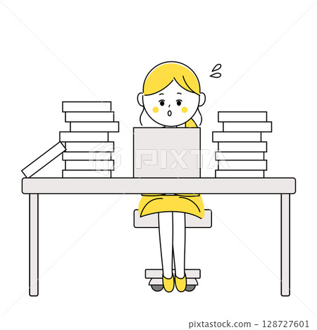 Illustration of a female office worker working hard at work 128727601