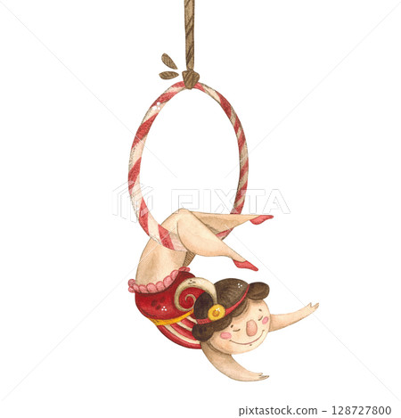 A girl in a beautiful retro circus costume with dark hair hangs in the air on a ring 128727800