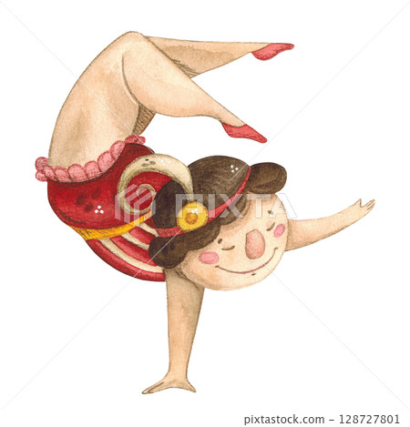 A girl gymnast in a red suit with dark hair stands on her arm watercolor illustration 128727801