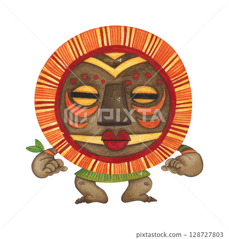 Crouching African aborigine in a brown round mask with orange fringe. Watercolor illustration, hand drawn, cartoon. Drawing for poster, stickers, print. Africa, mask, funny, character Crouching African aborigine in a brown round mask with orange fringe. Watercolor illustration, hand drawn, cartoon. Drawing for poster, stickers, print. Africa, mask, funny, character 128727803