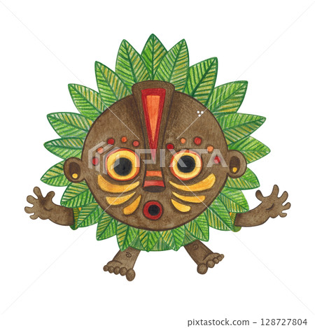 Jumping african aborigine in brown round mask with green leaves frame with arms outstretched. Watercolor hand drawn illustration, cartoon. Drawing for poster, stickers, print. Africa, mask, funny Jumping african aborigine in brown round mask with green leaves frame with arms outstretched. Watercolor hand drawn illustration, cartoon. Drawing for poster, stickers, print. Africa, mask, funny 128727804