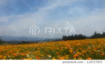 A watercolor painting of a highland flower field with majestic summer poppies A watercolor painting of a highland flower field with majestic summer poppies 128727855