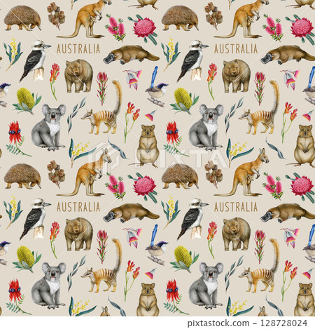Australia native flora and fauna elements seamless pattern decor element. Hand drawn koala, kangaroo, quokka, platypus, kookaburra with waratah, golden wattle Australian native flowers 128728024