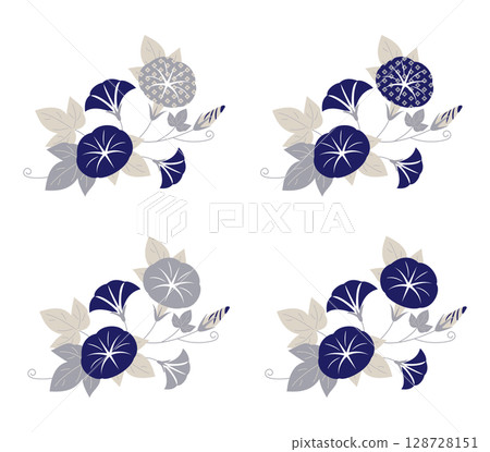 Elegant morning glory plant illustration collection (dark blue x soft gray, Japanese-style summer material) 128728151