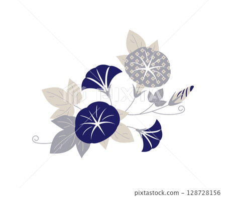 優雅的牽牛花插圖(柔和的灰色×日式圖案,夏季植物) 優雅的牽牛花插圖(柔和的灰色×日式圖案,夏季植物) 128728156