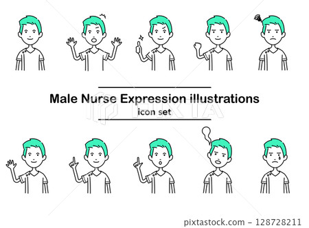 Stock Illustration: Vector icon set of a green-haired male nurse expressing emotions 128728211