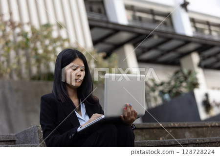 Future remote work combines technology smart phone digital business woman enable e-learning productivity while travel blend comfort modern devices serenity computer equipment connection online world 128728224